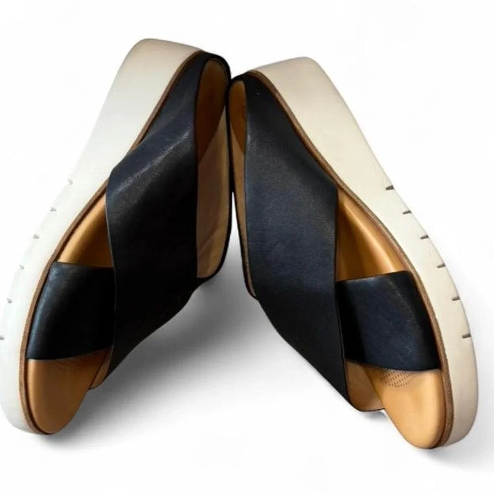 Corso Como Bruna‎ Black Leather Criss Strap Platform Wedge Sandals, Women's 8.5